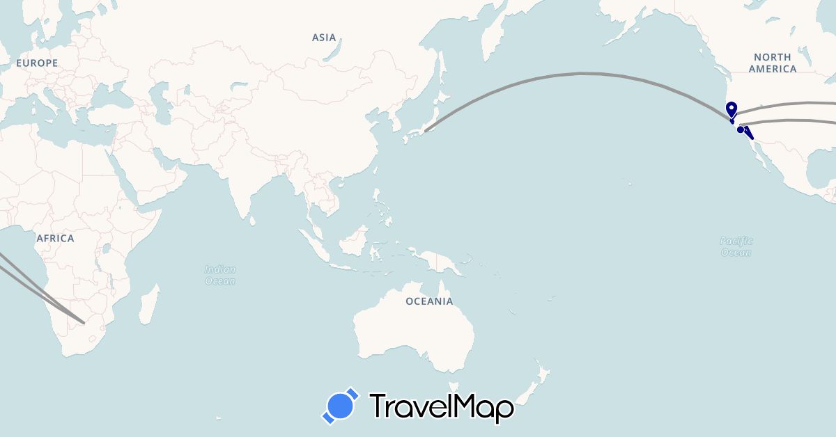TravelMap itinerary: driving, plane in Botswana, Japan, United States (Africa, Asia, North America)